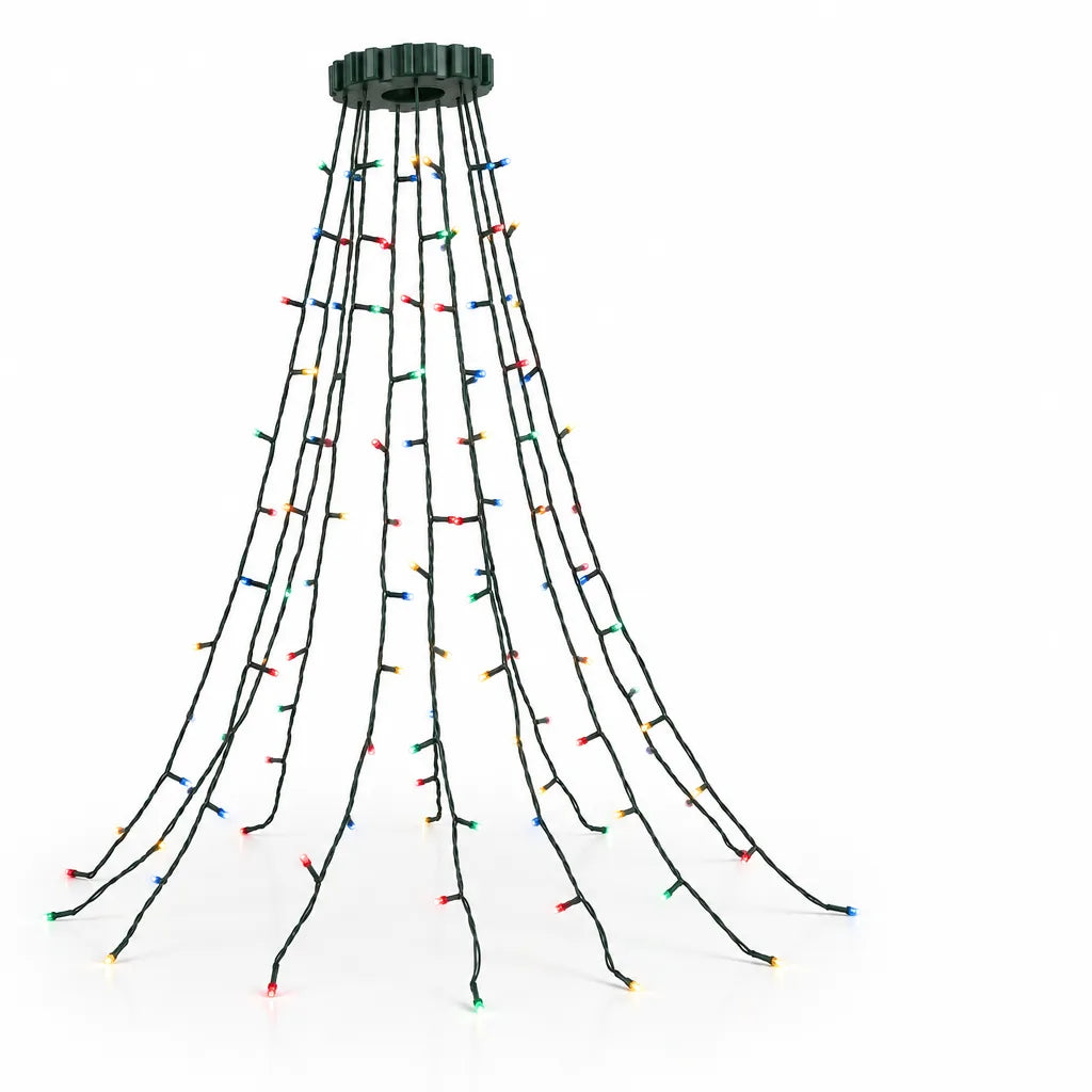 LED waterfall Christmas tree lights hanging from a round dark green hub, with eight green wire strands cascading down in a cone shape and dotted with small red, blue, green and yellow bulbs, shown against a plain white background.