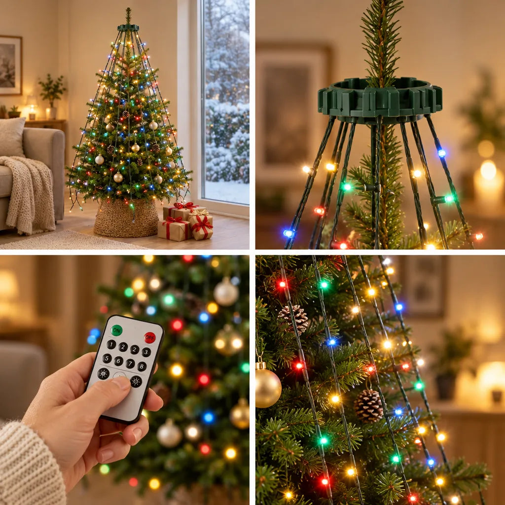 Four-panel view of the LED waterfall tree lights: a decorated Christmas tree lit with the multicoloured strands beside a snowy window, a close-up of the green ring that hangs the copper wire strings at the treetop, a hand pressing the buttons on the small remote in front of the glowing tree, and a detail of the cascading strands and coloured bulbs among the branches, pinecones and baubles.