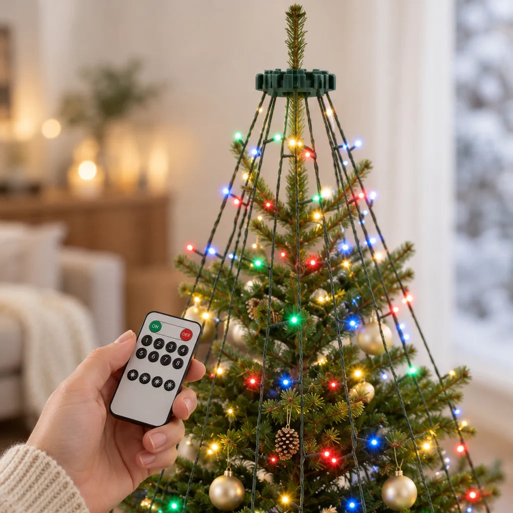 A hand holds a small black-and-white remote with on, off and number buttons in front of a Christmas tree strung with the LED waterfall string lights, whose copper wire strands hang from a green crown at the top in multicoloured points of light among gold baubles and pine cones, with a snowy window behind.