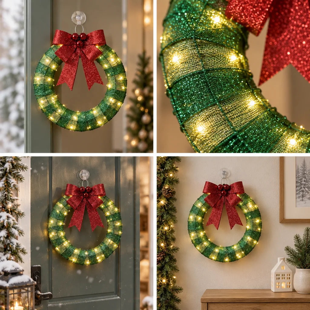 Four-panel view of a green and gold LED Christmas wreath with warm white lights and a red glitter bow: hanging from a suction hook on a grey front door, a close-up of the sparkling mesh frame and bow, the lit wreath on a door beside a snowy lantern, and the same wreath on an indoor wall above a wooden sideboard.