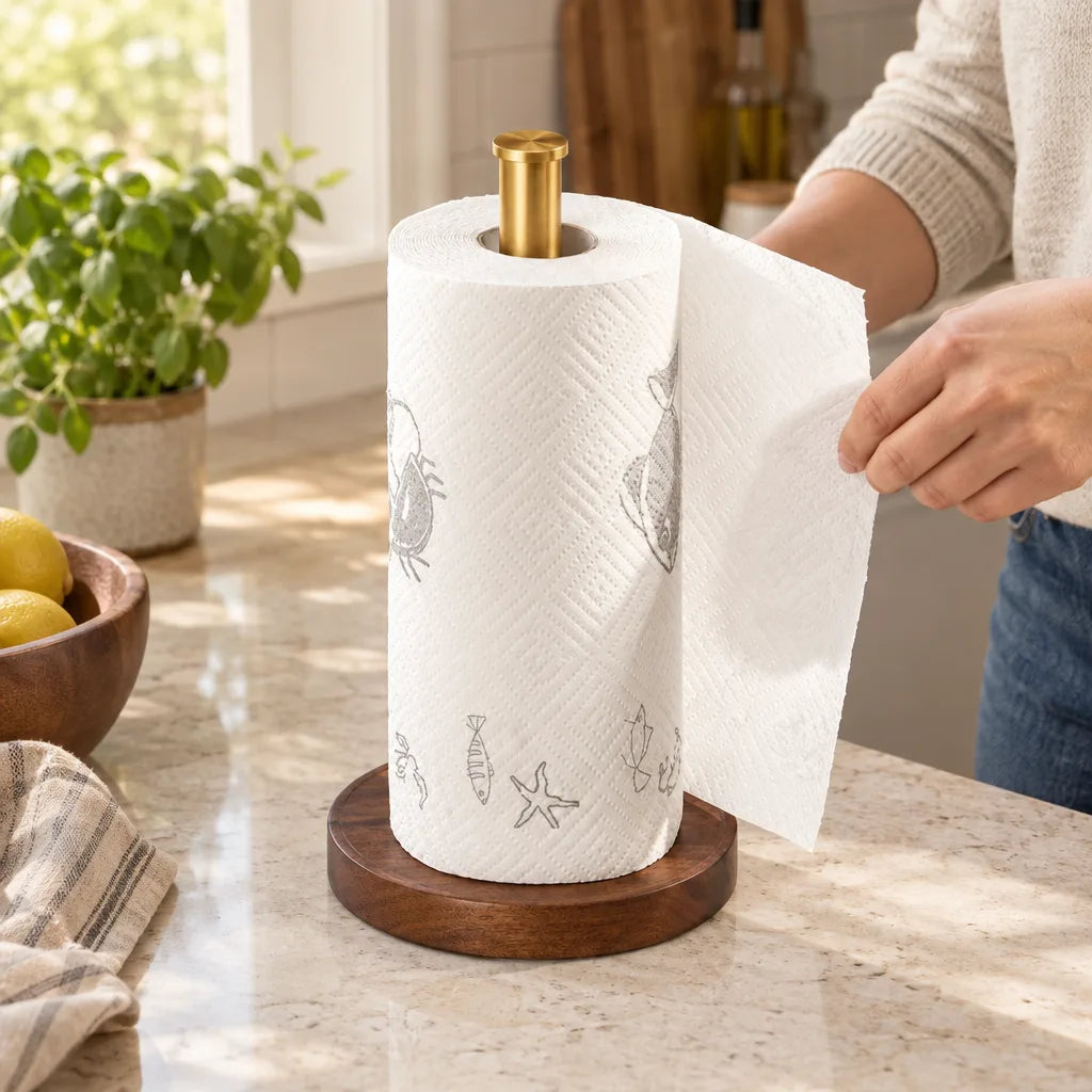 A hand pulls a sheet from a roll of paper towels printed with grey fish and crab motifs, mounted on a walnut paper towel holder with a brass post, on a marble kitchen counter beside a basil plant and a wooden bowl of lemons.