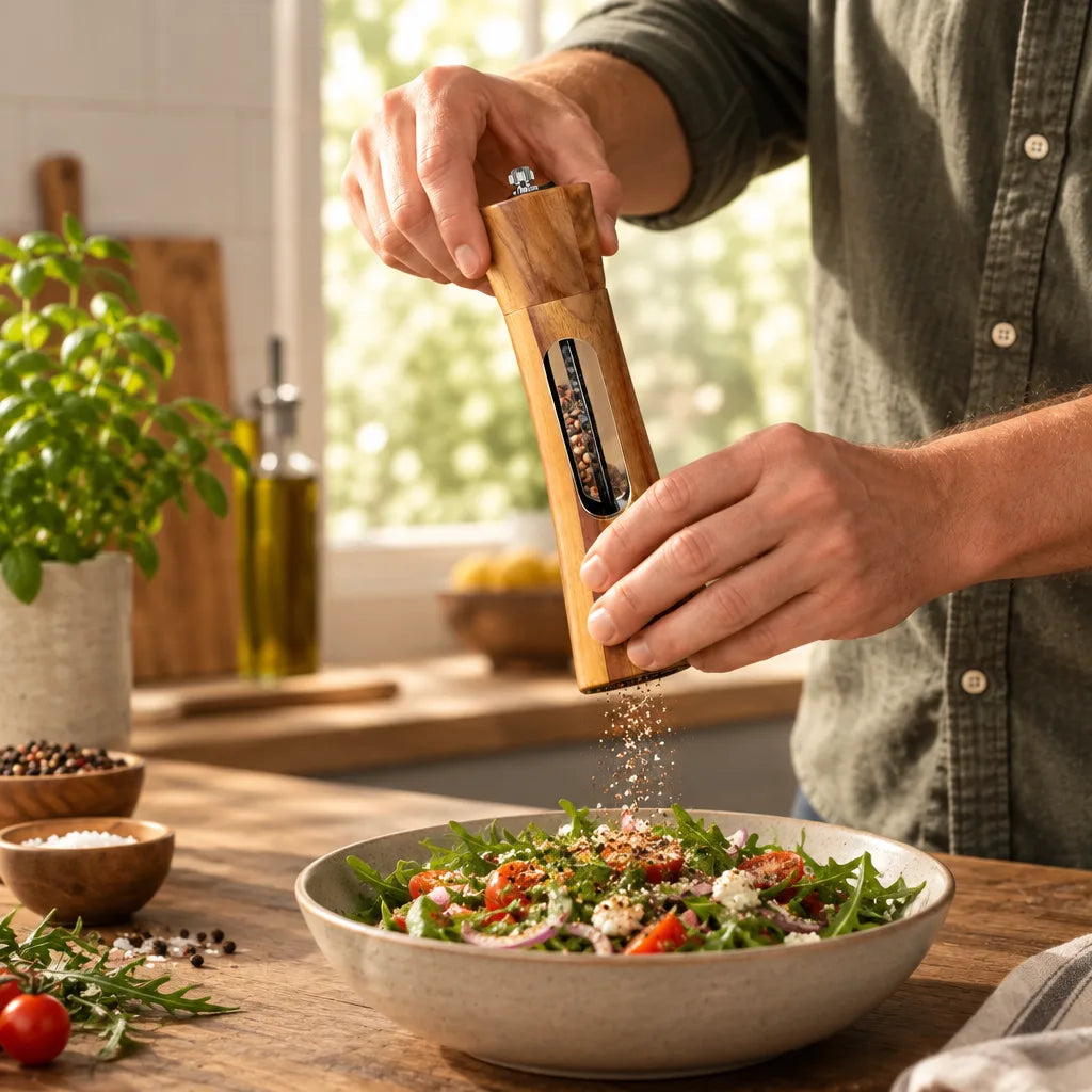 A man in a dark green shirt uses a wooden salt and pepper grinder with both hands, sending a shower of freshly ground pepper over a ceramic bowl of arugula salad with tomatoes and feta on a sunlit wooden counter, with small bowls of peppercorns and salt and a basil plant nearby.