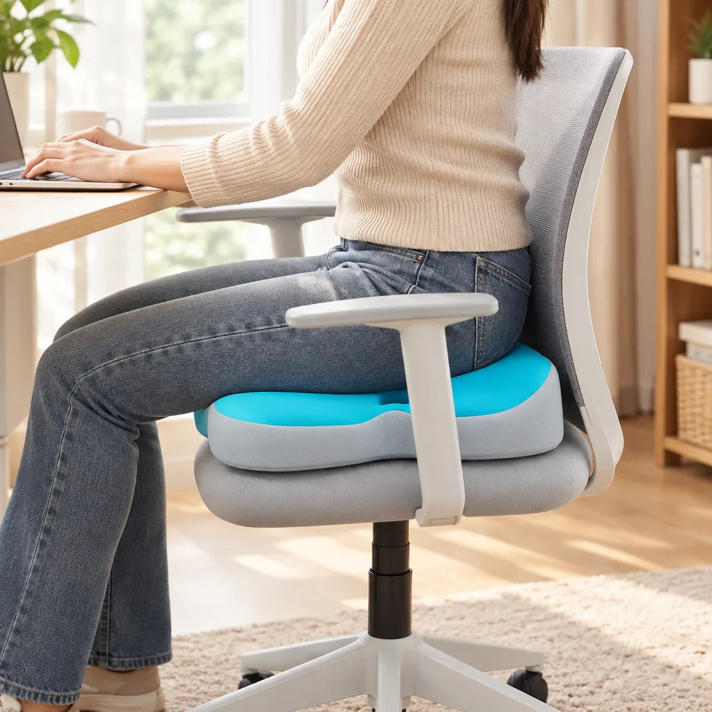 A woman in a cream sweater and jeans works at a laptop in a sunlit room, sitting on a white office chair with a grey and turquoise memory foam seat cushion under her.