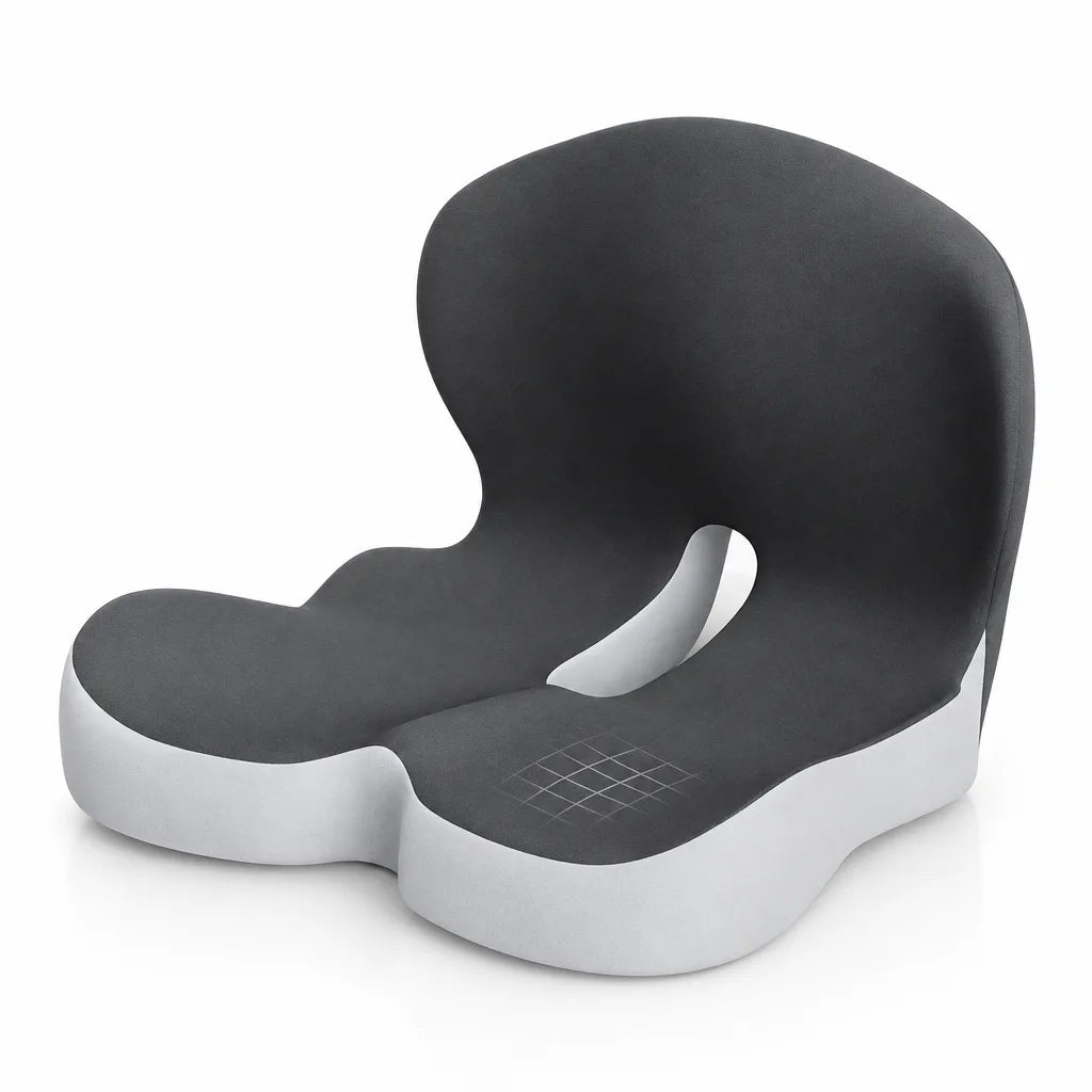 Dark grey Seat Cushion with a tall contoured backrest, a light grey foam base and a U-shaped cutout where the seat meets the back, shown at an angle against a plain white background.