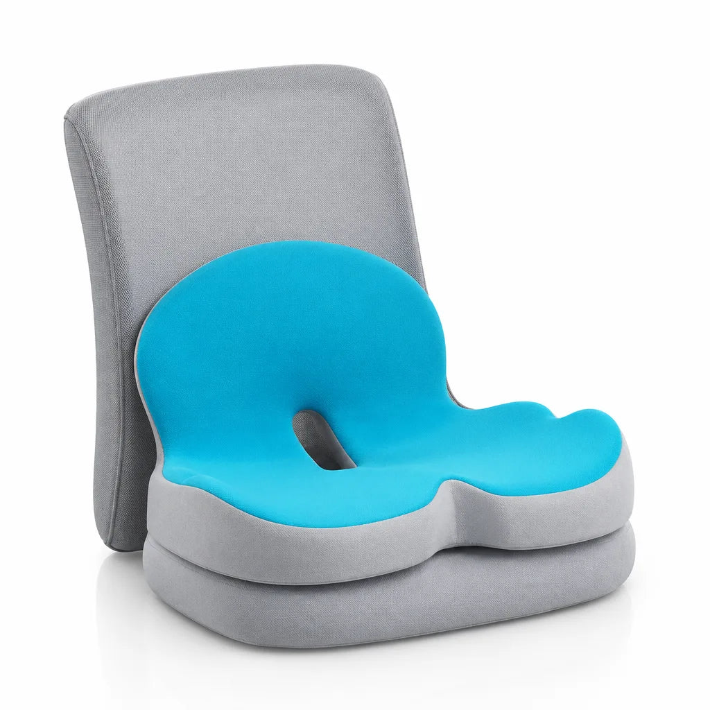 A turquoise and grey memory foam seat cushion with a contoured U-shaped cutout, shown resting in front of a matching grey lumbar back support against a plain white background.