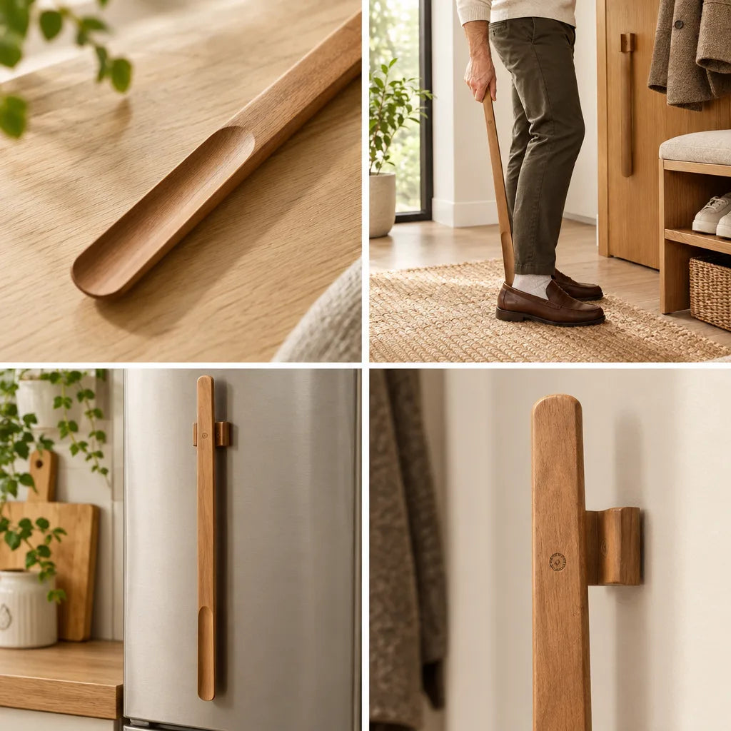 Four panels show the extra-long walnut shoehorn: a close-up of its rounded scoop end resting on a pale wood surface, a man in olive trousers using it to slip on a brown leather loafer in an entryway, the long handle hanging vertically on a stainless steel refrigerator door by its magnetic holder, and a detail of that small wooden magnet mount holding the branded handle against a white wall.