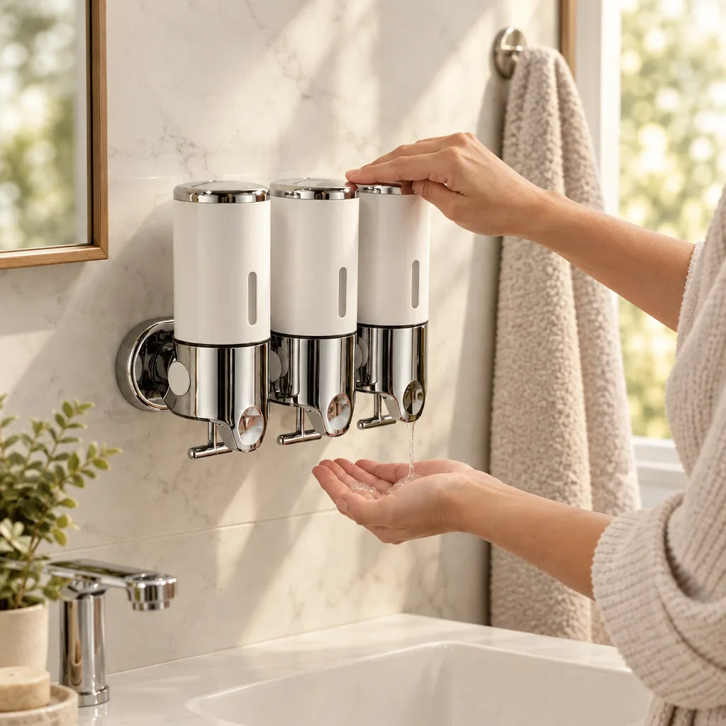 A woman presses the chrome top of a wall-mounted soap dispenser, a row of three white and chrome chambers fixed to a marble bathroom wall, letting liquid soap fall into her cupped palm above a white basin, with a towel, mirror and potted plant nearby.