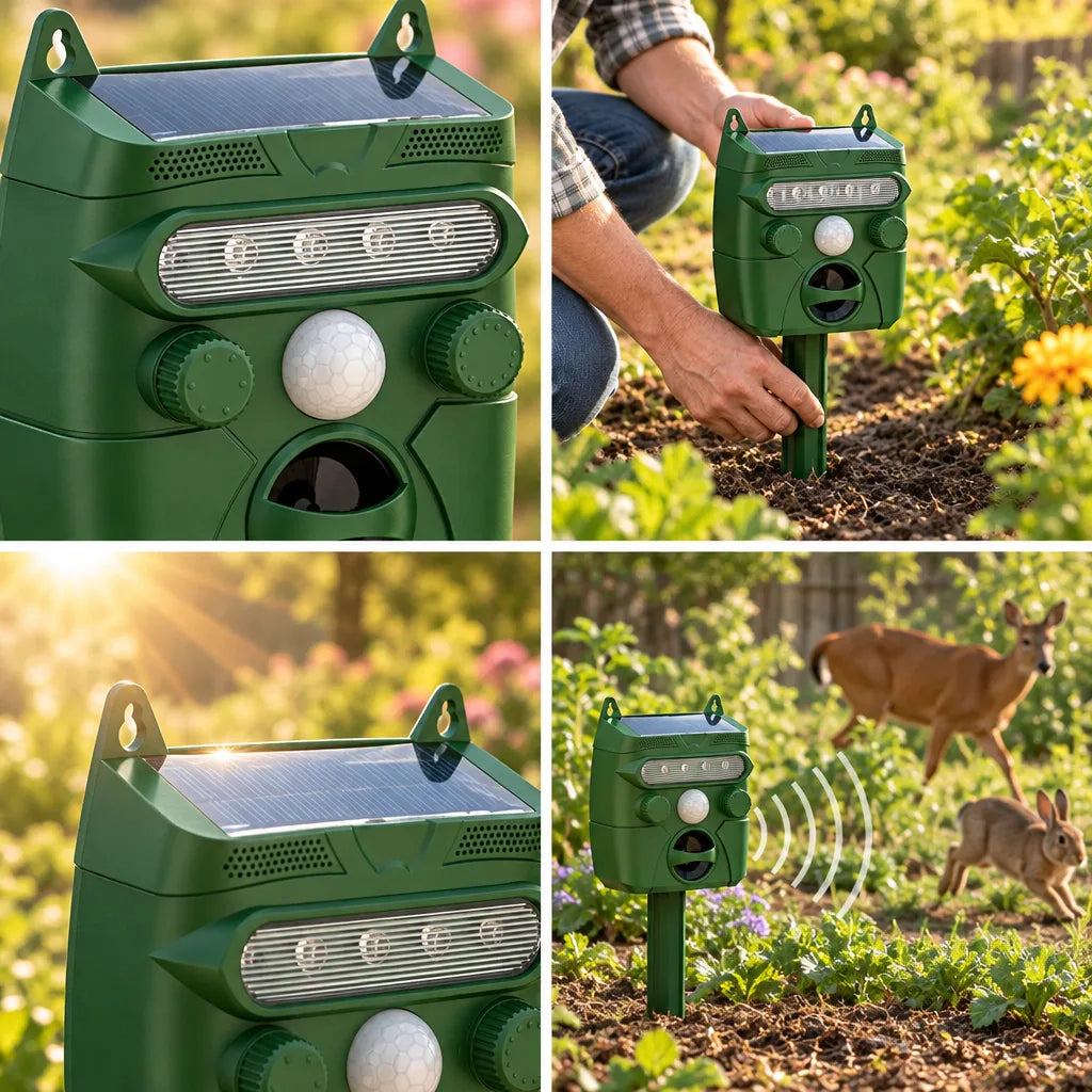 Four-panel grid showing a green Solar-Powered Ultrasonic Animal Repellent: two close-ups of its solar top panel, LED strip and round motion sensor, a gardener pressing its stake into garden soil, and the device in a vegetable bed emitting sound waves toward a deer and a rabbit.