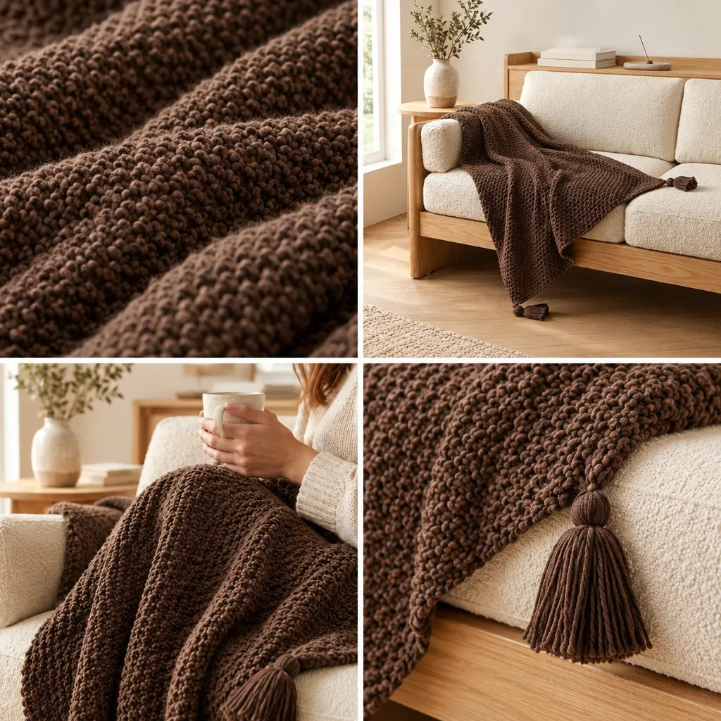 Four-panel layout showing a brown chunky knit throw blanket: a close-up of its thick textured stitches, the blanket draped over a cream sofa with a tassel resting on the wood floor, a woman holding a mug while curled up under it, and a detail of the chunky yarn tassel hanging against the cream upholstery.