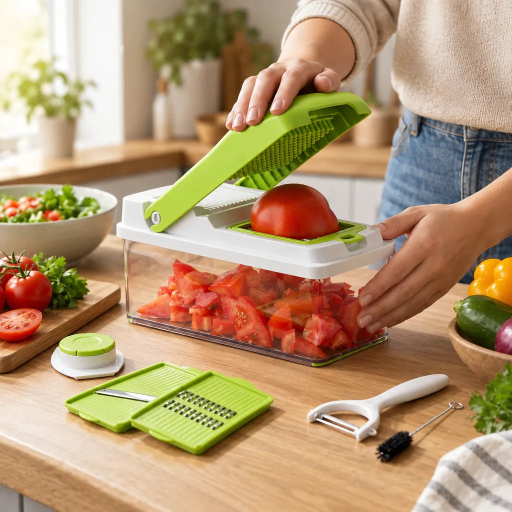 Hands pressing a tomato through the green and white Vegetable Chopper on a wooden kitchen counter, with diced tomato collecting in the clear catch container below and spare blade inserts, a peeler and a cleaning brush laid out beside fresh vegetables and a bowl of salad.