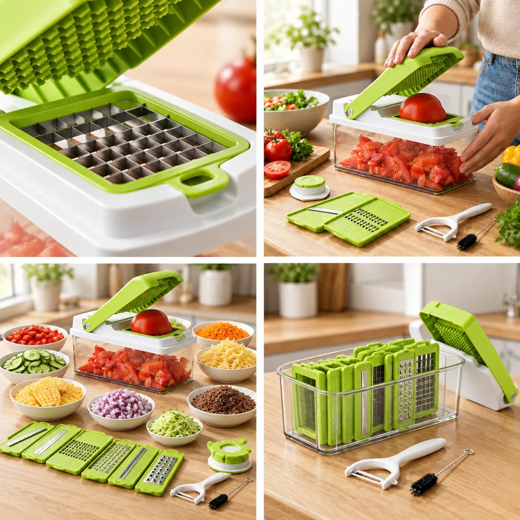Four-panel view of the Vegetable Chopper on a wooden kitchen counter: a close-up of the green dicing grid under the raised lid, hands pressing a tomato through the chopper into the clear catch container, a spread of bowls holding diced tomato, cucumber, corn, onion, shredded carrot and cheese beside the full row of green blade inserts with peeler and cleaning brush, and the blades stored upright inside the container.