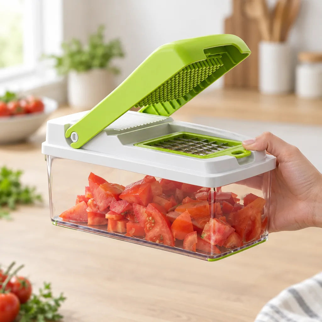 A hand holds up the Vegetable Chopper by its clear catch container, which is filled with freshly diced tomatoes, while the green cutting lid is flipped open to show the grid blade underneath, in a bright kitchen with herbs and tomatoes blurred in the background.