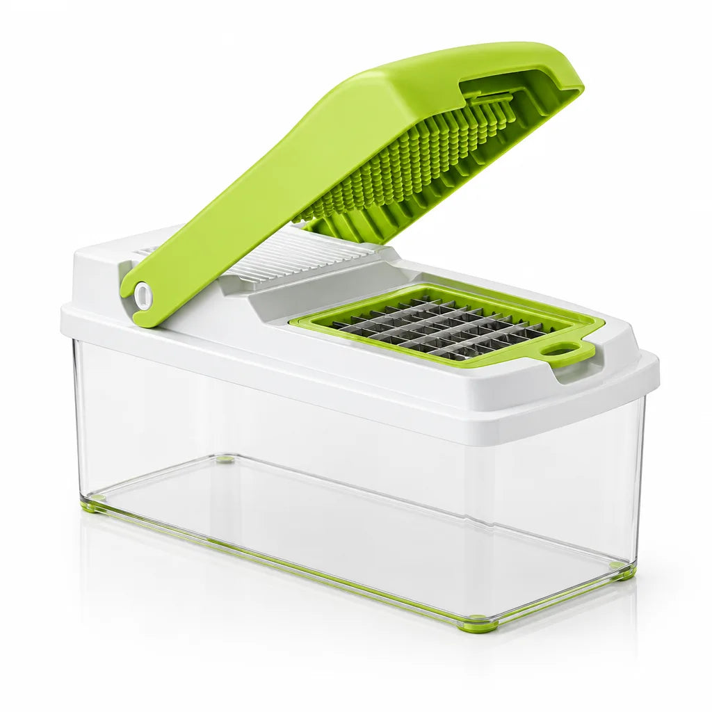 Vegetable Chopper with its green hinged lid propped open, showing the ridged pusher underneath and a square stainless steel dicing blade seated in the white top, mounted on a clear rectangular catch container.