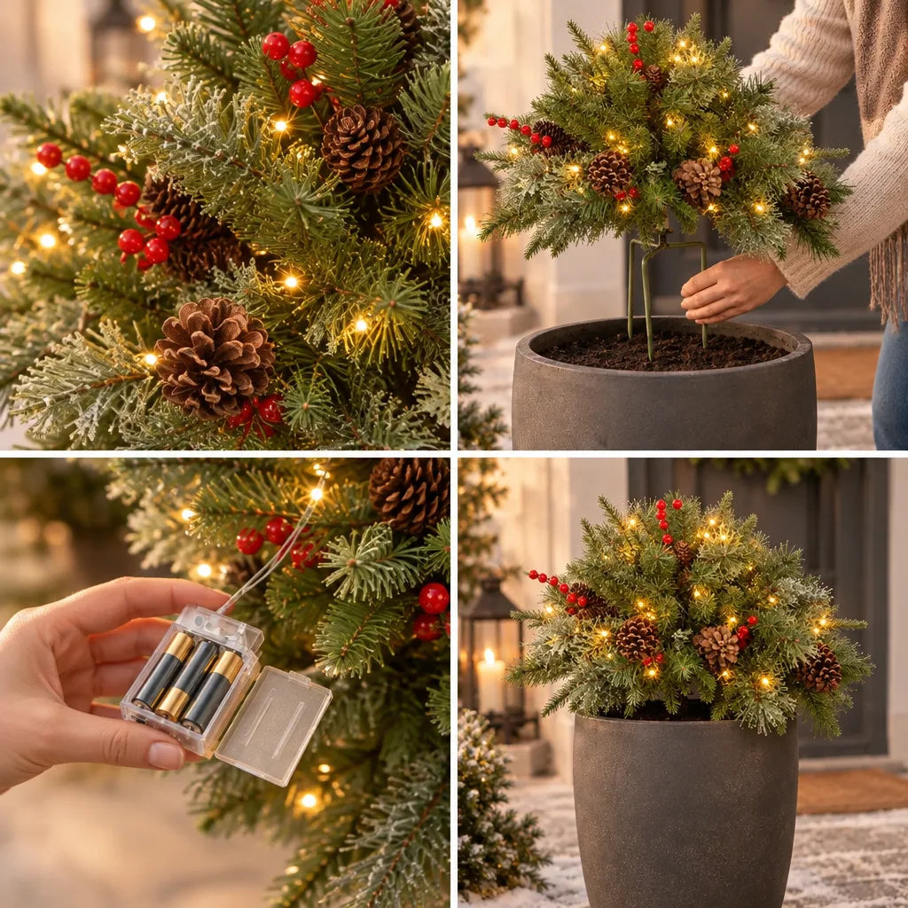 Four-panel set showing the Weihnachtsgesteck beleuchtet with its lit pine sprigs, pine cones and red berries in close-up, a woman pushing its three-legged stake into the soil of a grey outdoor planter, a hand holding the small battery box attached to the light string, and the finished arrangement glowing warmly in the planter by a front door at dusk.