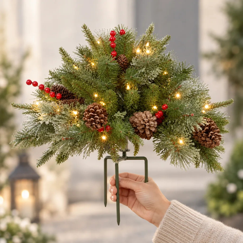 A hand holds up a lit Christmas arrangement on a green three-legged garden stake, its frosted pine branches trimmed with warm white lights, brown pine cones and red berry sprigs, with a glowing lantern and a blurred doorway behind it.
