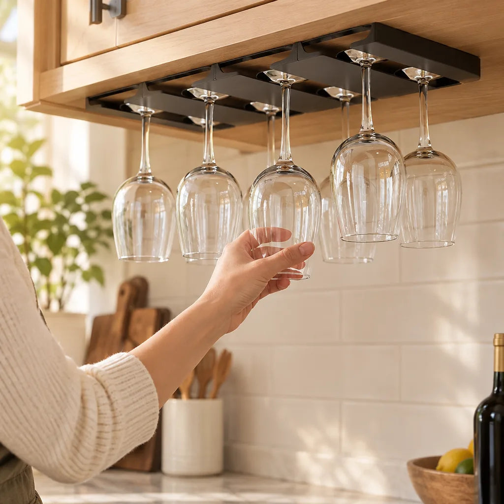 A hand reaches up to slide a stemmed glass into a black metal wine glass rack mounted under a wooden kitchen cabinet, where five other glasses hang upside down above a white tile backsplash.