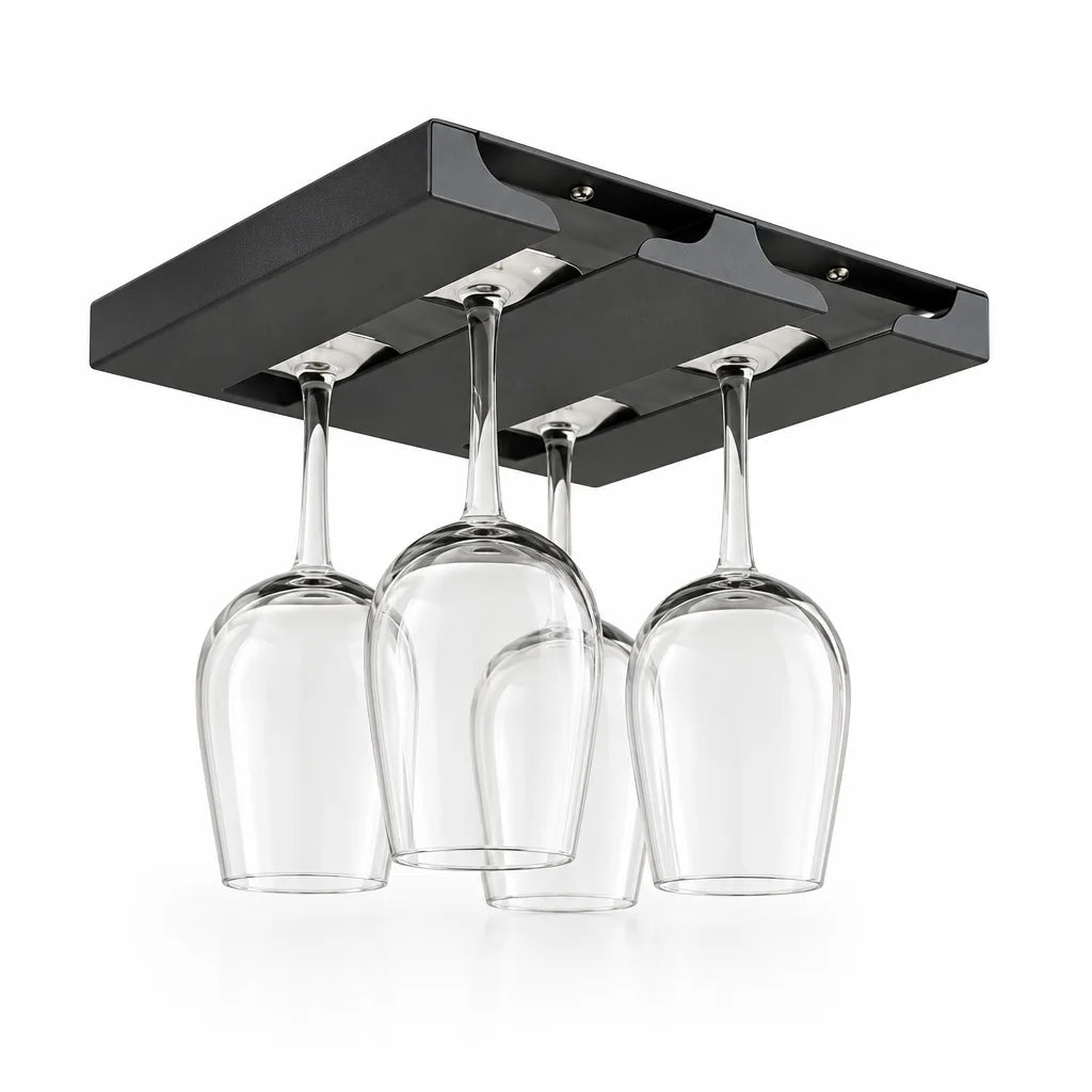 Black metal Wine Glass Rack mounted upside down, holding four clear stemmed wine glasses hanging by their bases in two slotted rails against a white background.