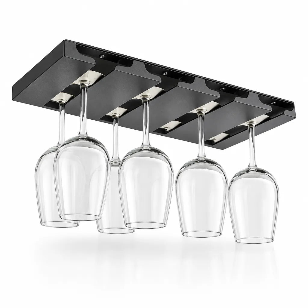 A black metal wine glass rack mounted upside down against a white background, with six clear stemmed glasses hanging by their bases from its slotted rails.