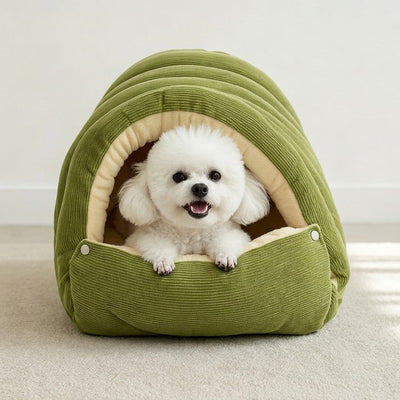A small fluffy white dog lies inside a green corduroy 2-in-1 cat and small dog cave bed with a cream plush lining, its front paws resting on the folded-down front flap, on a pale carpeted floor.