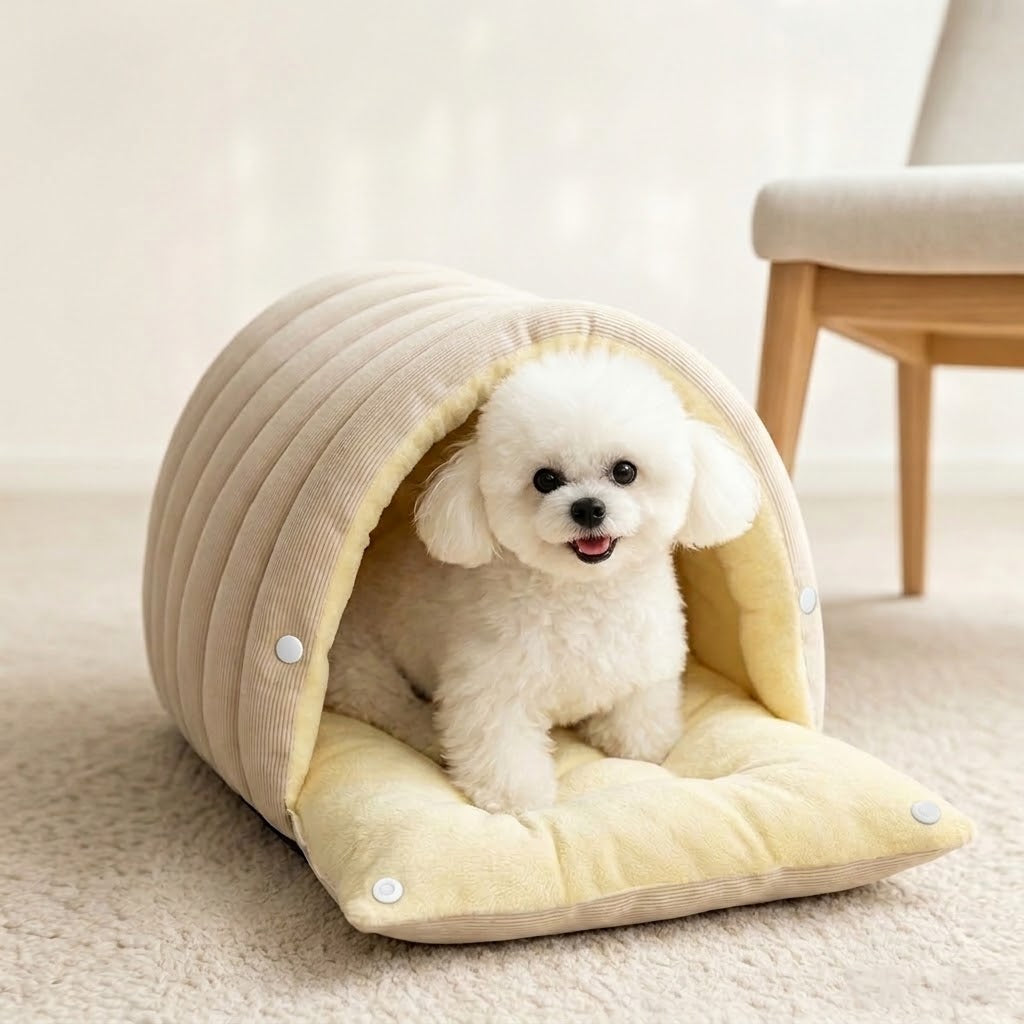 A small white curly-haired dog sits inside a cream corduroy 2-in-1 cat and small dog cave bed with a pale yellow plush lining and a flat mat extending in front, placed on a light carpet beside a wooden chair.