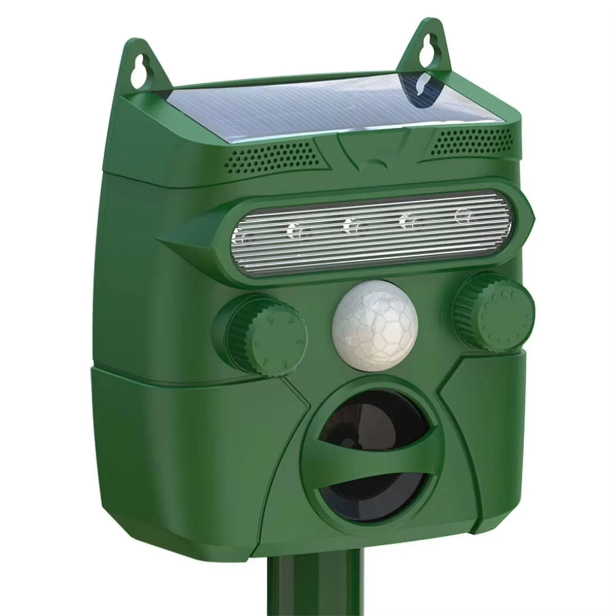 Green Solar-Powered Ultrasonic & LED Animal Repeller mounted on a stake, showing the solar panel on top, two hanging holes, a row of LED lights, a round motion sensor dome, two adjustment dials and an ultrasonic speaker on the front.