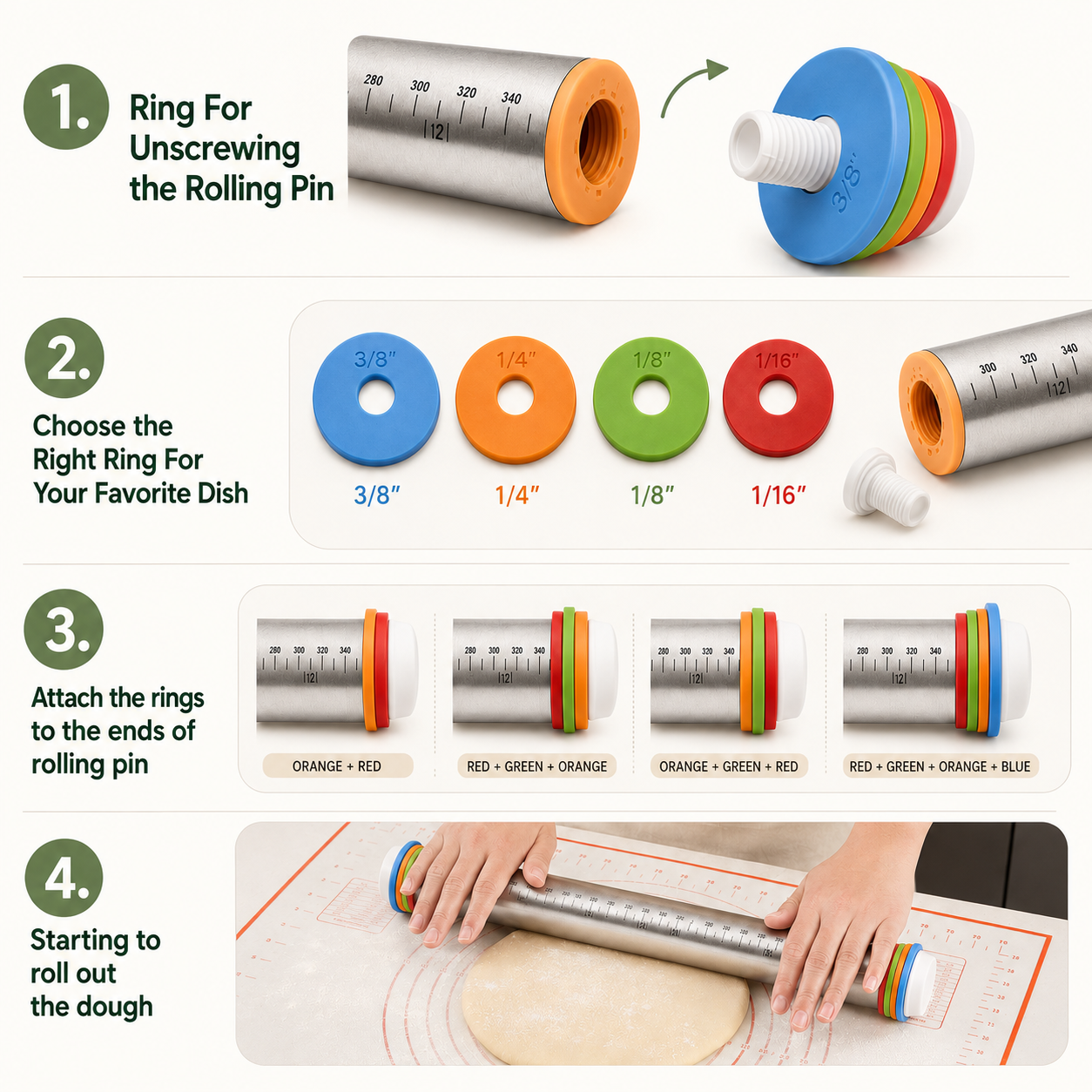 Adjustable Thickness Non-Stick Rolling Pin Set (With Silicone Mat)