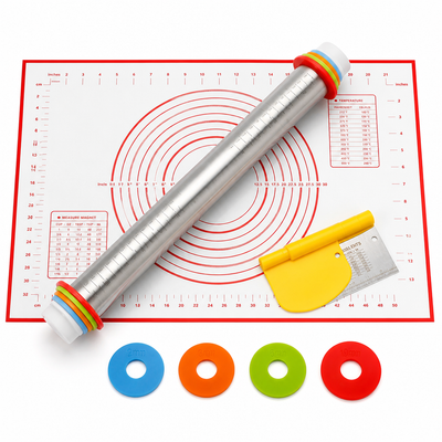 Adjustable Thickness Non-Stick Rolling Pin Set (With Silicone Mat)