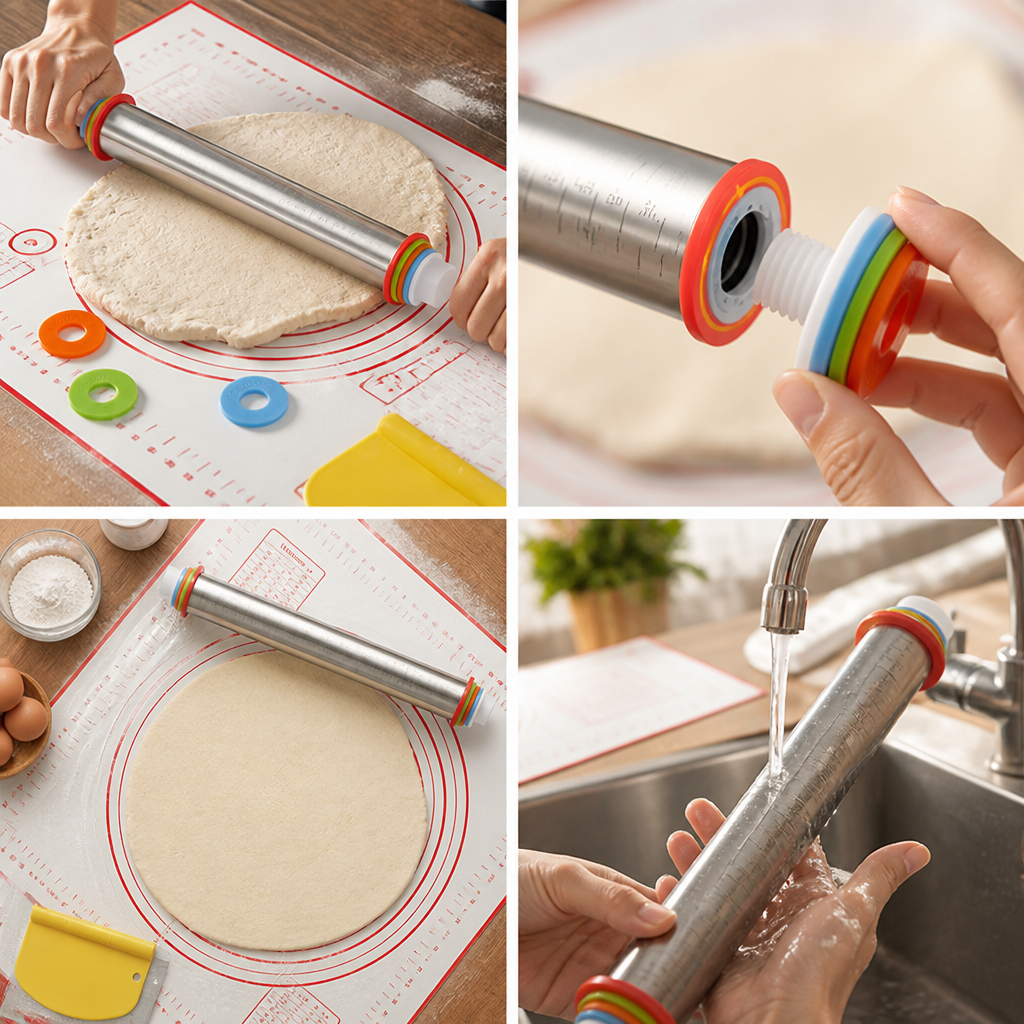 Adjustable Thickness Non-Stick Rolling Pin Set (With Silicone Mat)