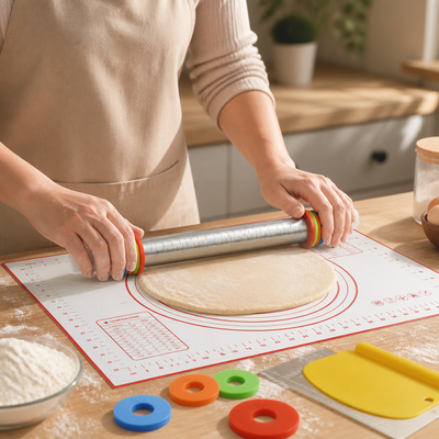 Adjustable Thickness Non-Stick Rolling Pin Set (With Silicone Mat)