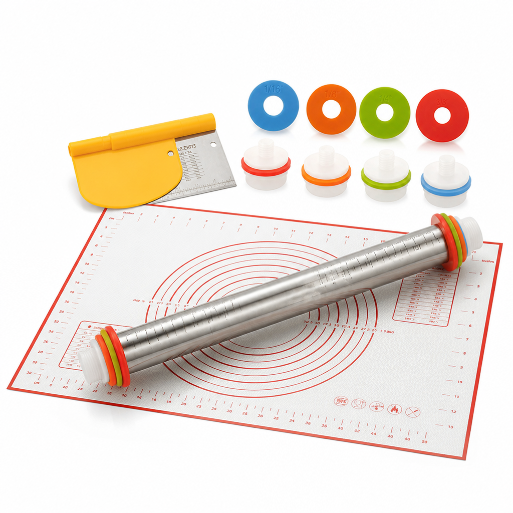 Adjustable Thickness Non-Stick Rolling Pin Set (With Silicone Mat)