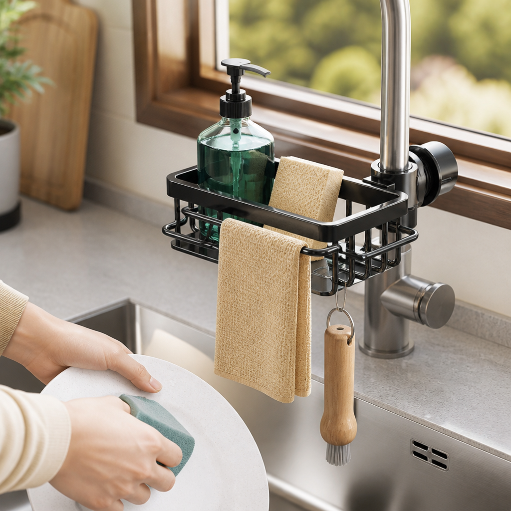 Aluminum Fast-Drain Faucet Organizer (Clip-On)