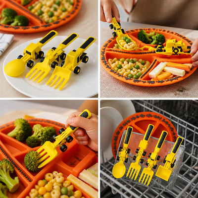 Construction-Themed BPA-Free Kids Cutlery Set (3 Forks + Plate)