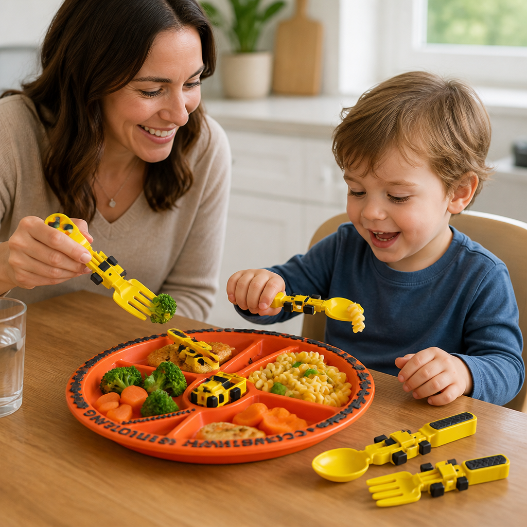 Construction-Themed BPA-Free Kids Cutlery Set (3 Forks + Plate)
