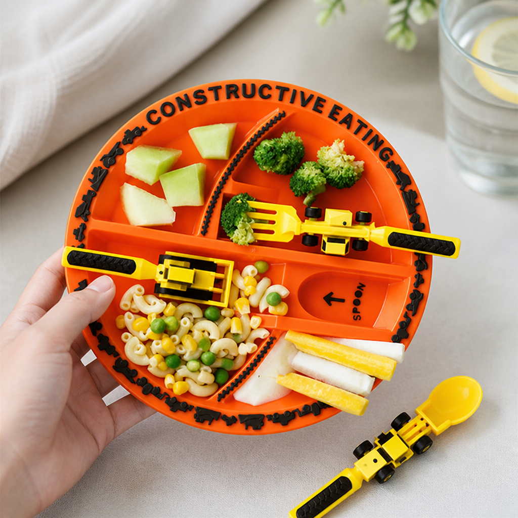 Construction-Themed BPA-Free Kids Cutlery Set (3 Forks + Plate)