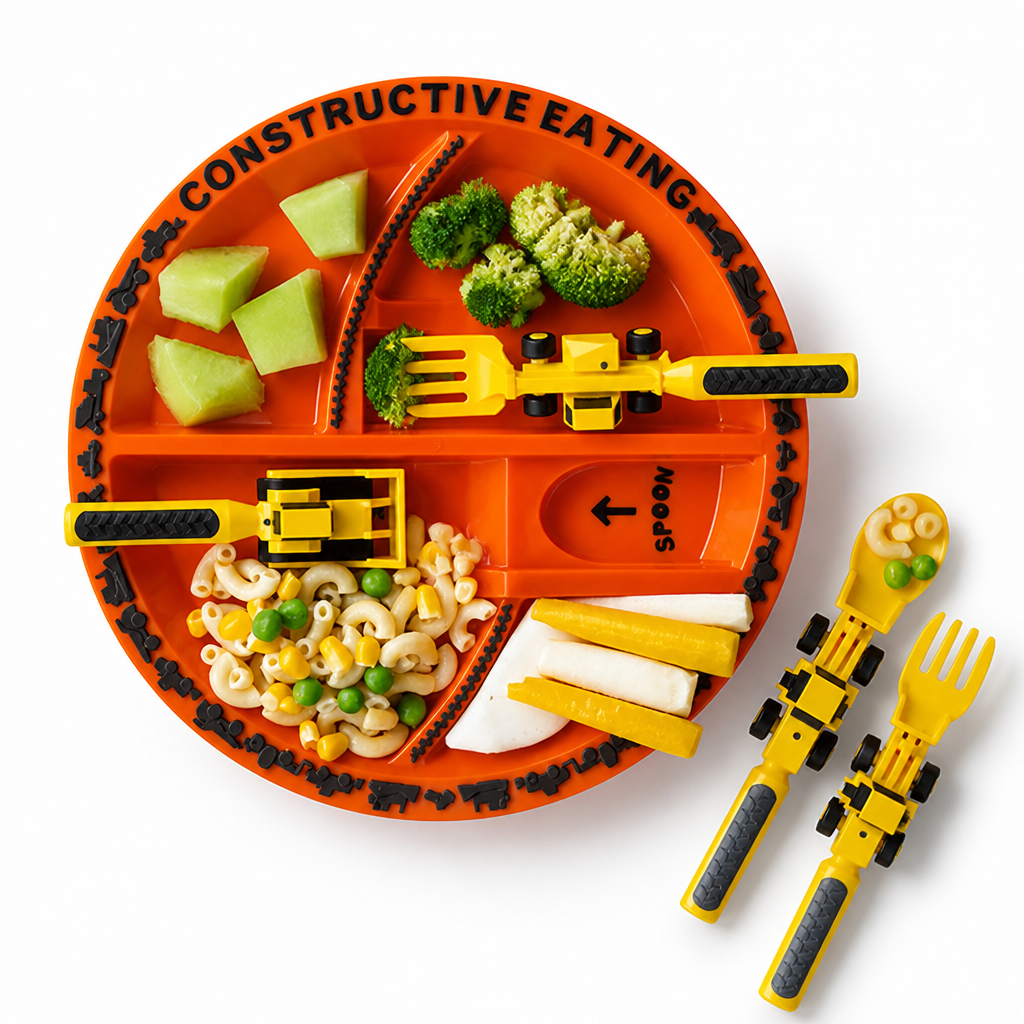 Construction-Themed BPA-Free Kids Cutlery Set (3 Forks + Plate)