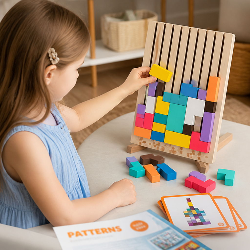 Educational Wooden 3D Stacking Puzzle Set (Challenge Cards Included)