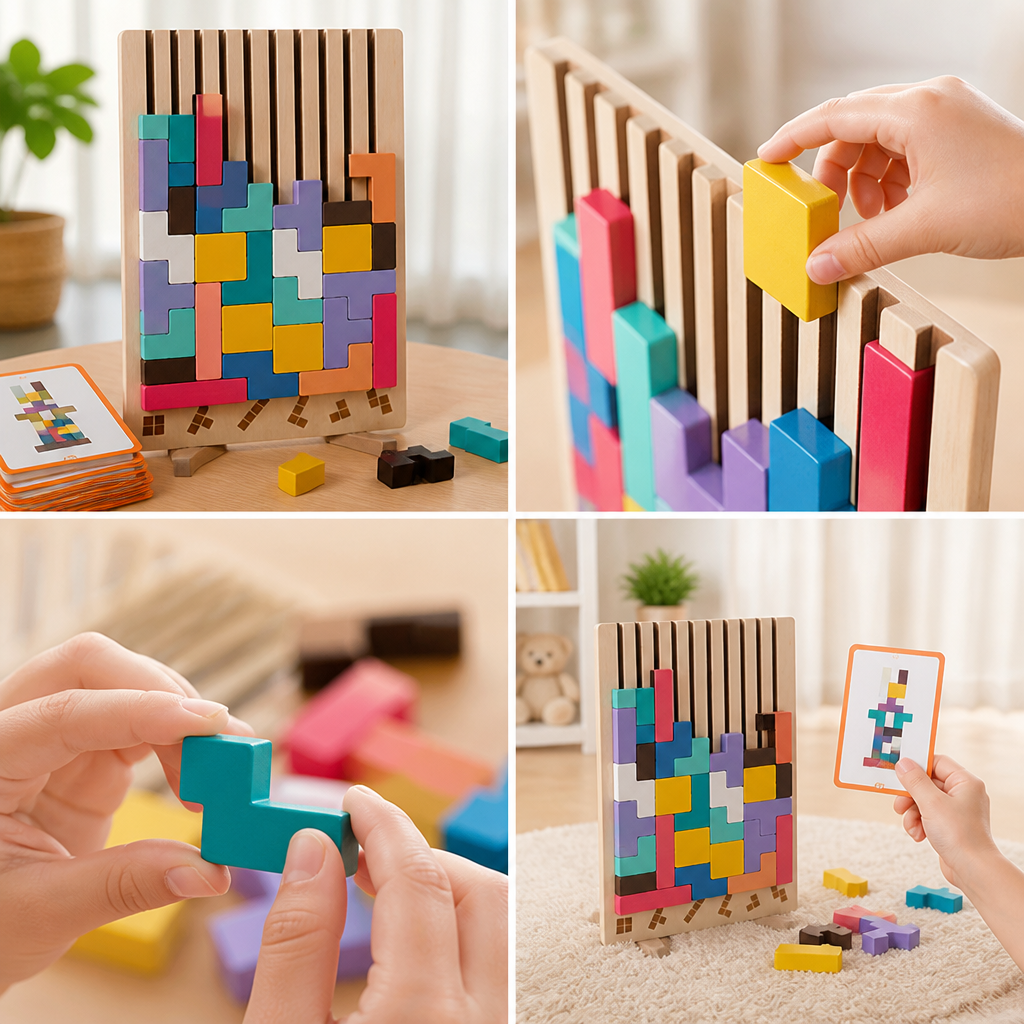 Educational Wooden 3D Stacking Puzzle Set (Challenge Cards Included)