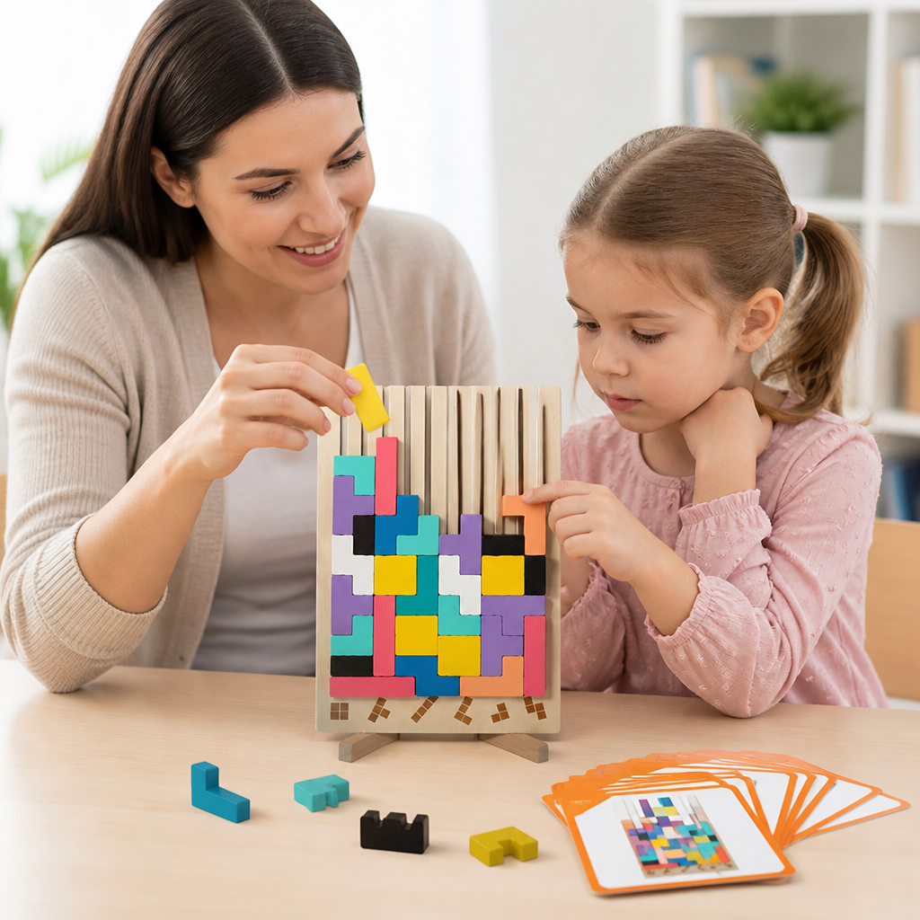 Educational Wooden 3D Stacking Puzzle Set (Challenge Cards Included)