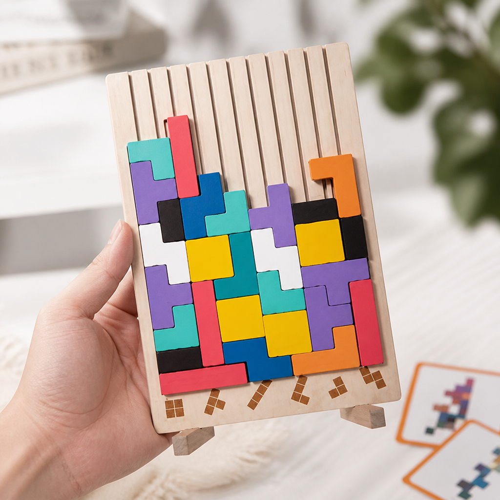 Educational Wooden 3D Stacking Puzzle Set (Challenge Cards Included)