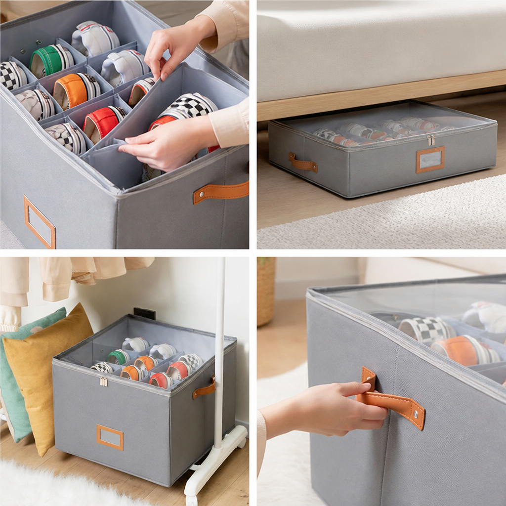 Foldable Fabric Shoe Organizer (Adjustable Compartments & Transparent Window)