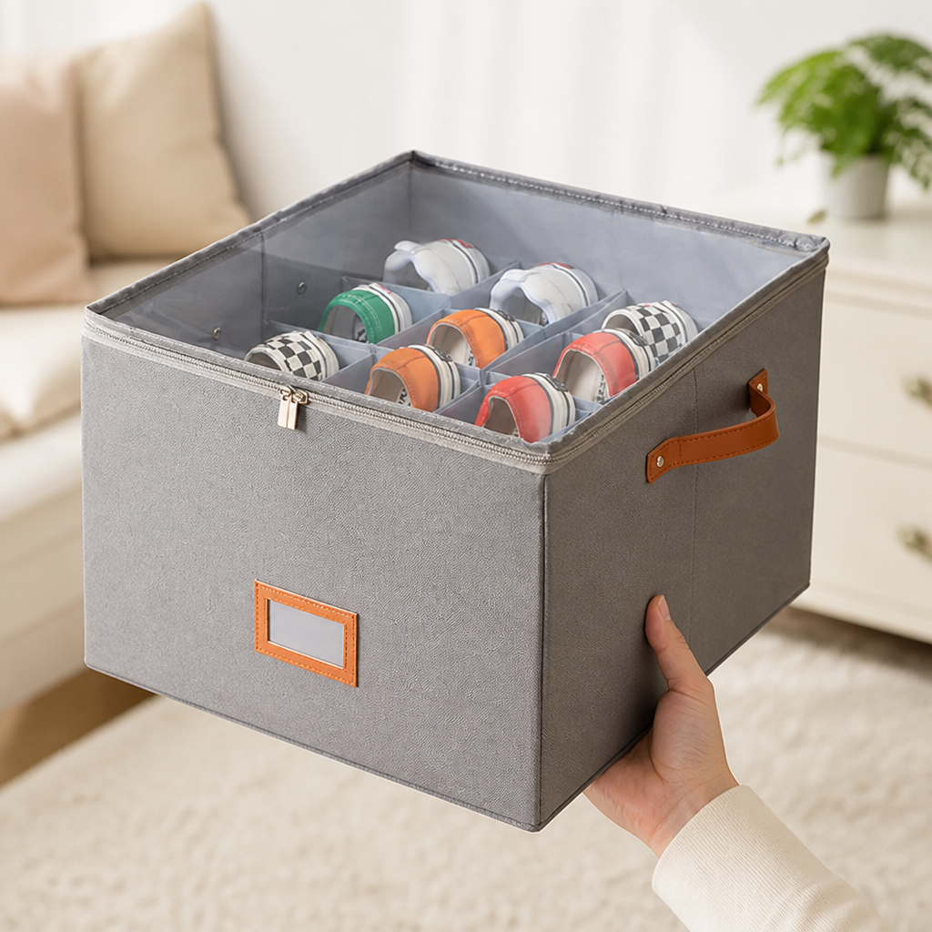 Foldable Fabric Shoe Organizer (Adjustable Compartments & Transparent Window)