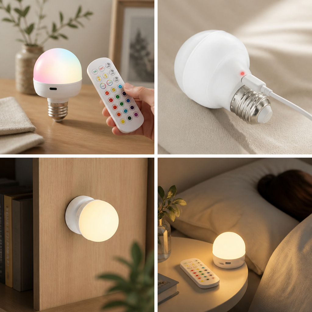 Four-panel image showing a hand holding the remote beside the color-glowing bulb, the bulb charging by cable, the bulb mounted on a wall, and the bulb lit on a nightstand at night.