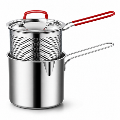 Stainless Steel Integrated Strainer Frying Pan (Draining Basket & Lid)