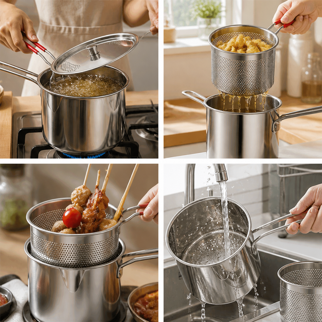Stainless Steel Integrated Strainer Frying Pan (Draining Basket & Lid)