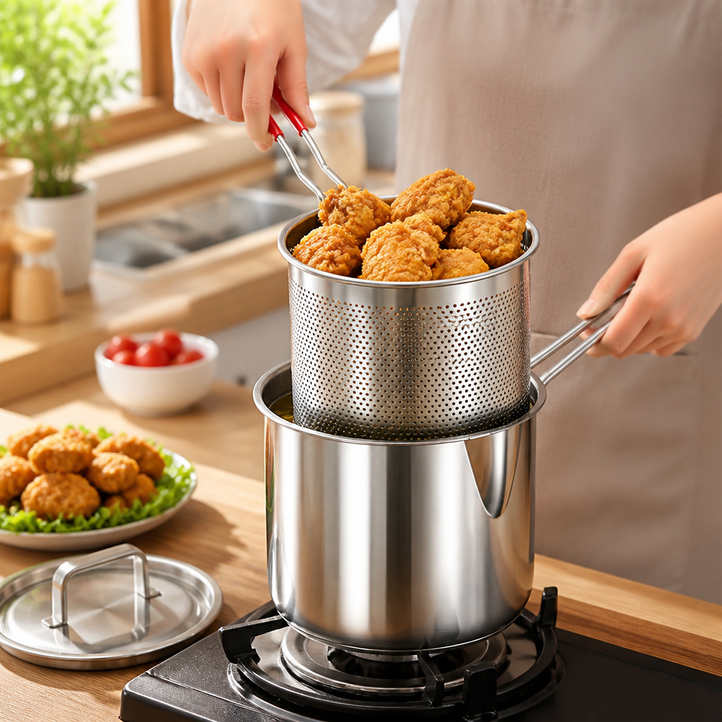 Stainless Steel Integrated Strainer Frying Pan (Draining Basket & Lid)
