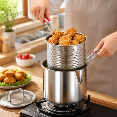 Stainless Steel Integrated Strainer Frying Pan (Draining Basket & Lid)