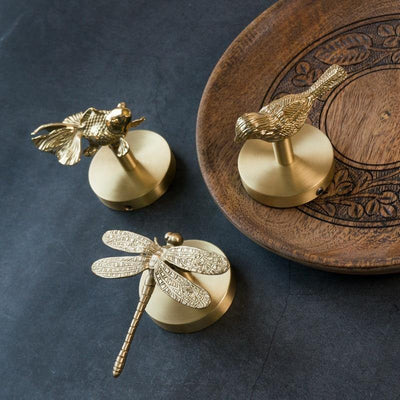 Three Solid Brass Animal Head Coat Hooks on a dark slate surface — a fish, a bird and a dragonfly, each on a round brass base — with the bird hook resting on a carved wooden tray at the upper right.