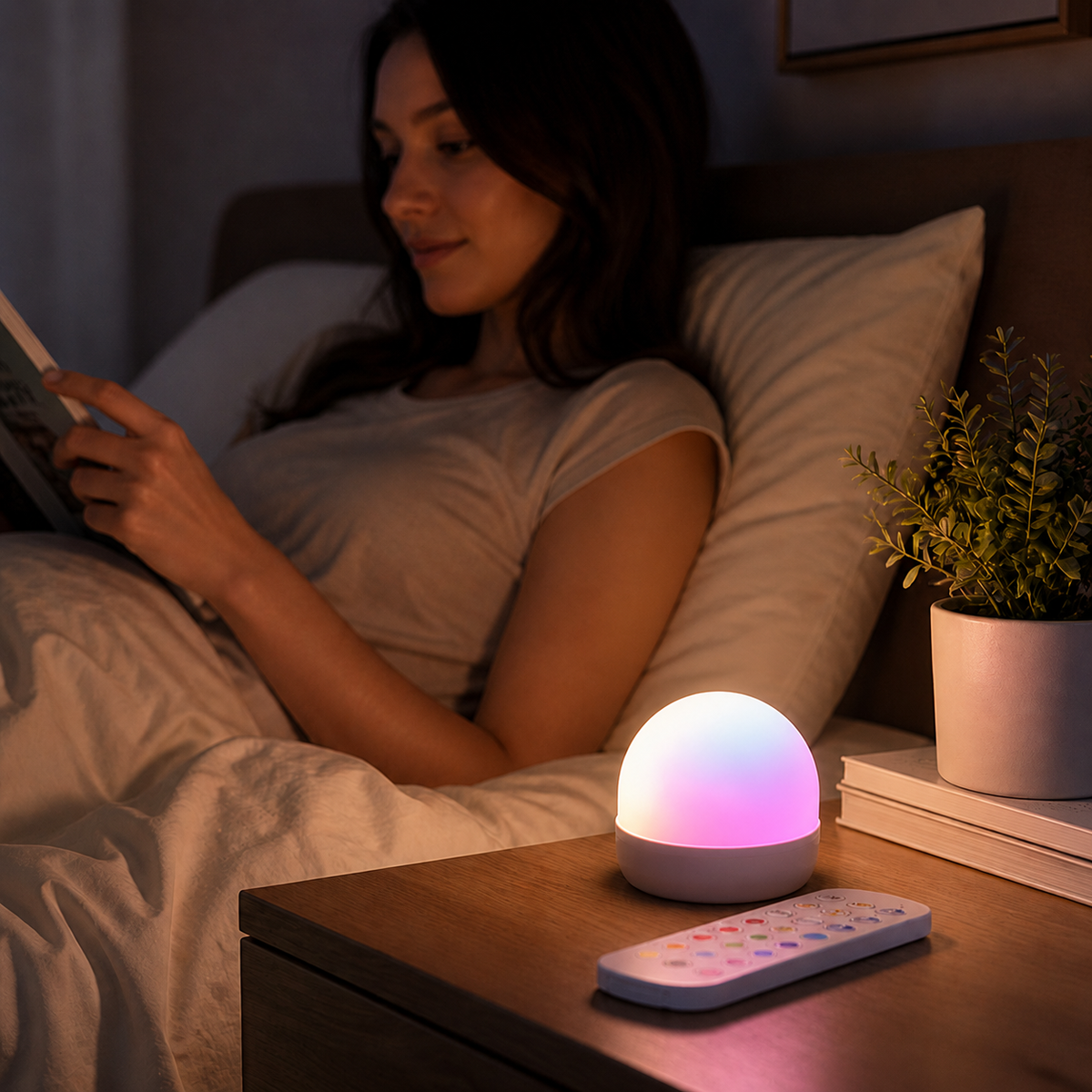 A woman reads in bed beside the rechargeable RGB LED bulb glowing pink and blue on her nightstand, with its remote lying in front of it.