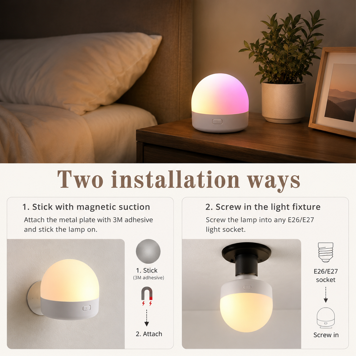 The RGB LED bulb glowing on a nightstand above a Two installation ways guide showing it stuck on with a magnetic 3M adhesive plate or screwed into an E26/E27 socket.
