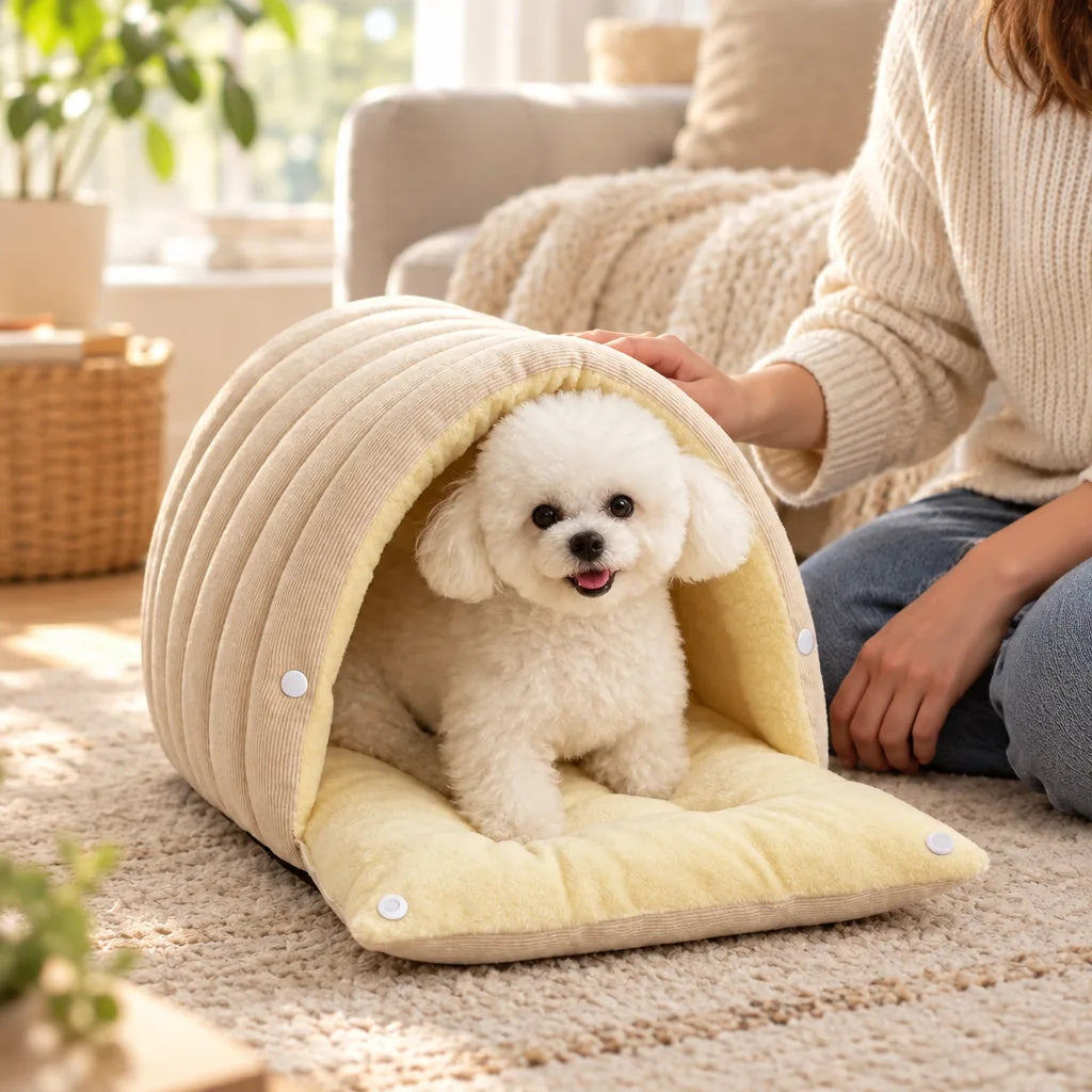 A small white Bichon Frise sits smiling on the soft yellow mat of a cream corduroy 2-in-1 pet cave with its domed hood snapped up, while a woman in a knit sweater and jeans kneels beside it on a textured rug in a sunlit living room.